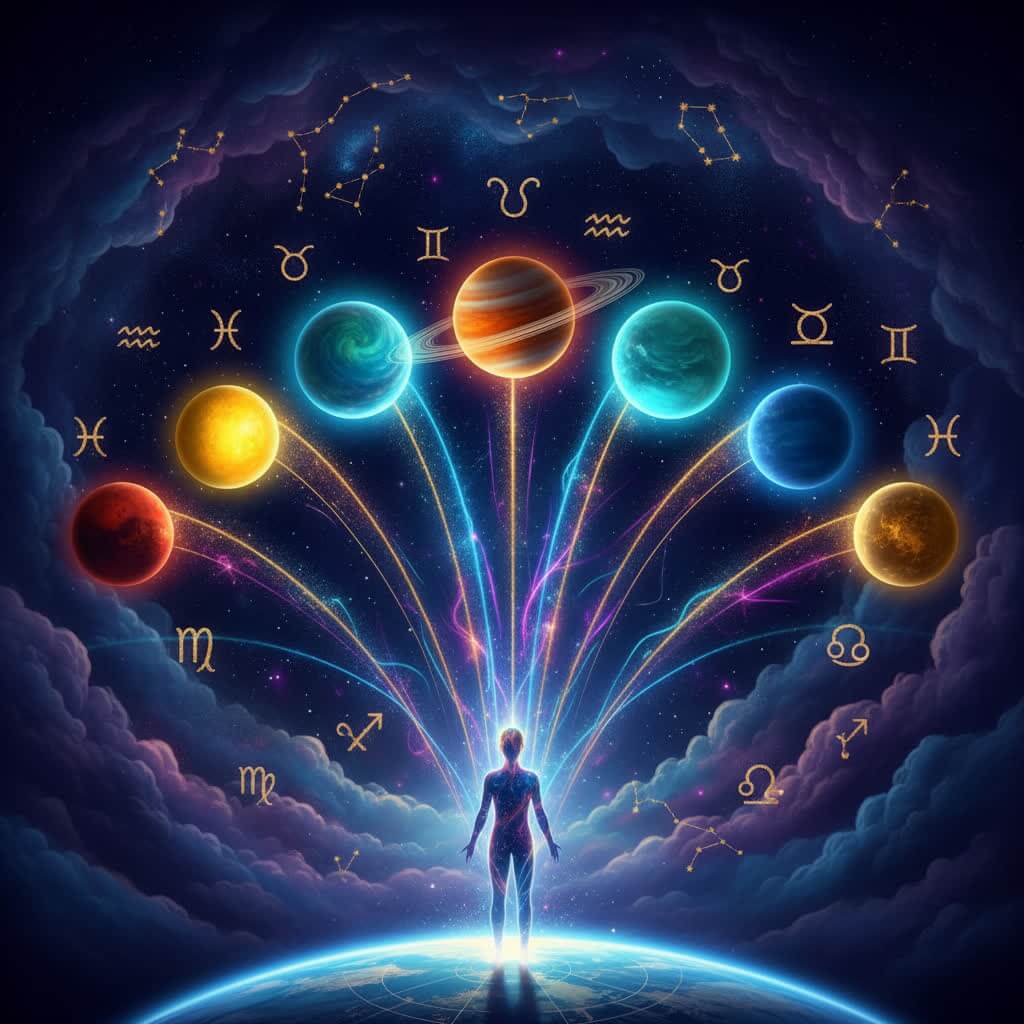 Illustration of seven glowing planets connected by light to a meditating human silhouette on Earth, representing how planetary transits shape daily life and personal power.