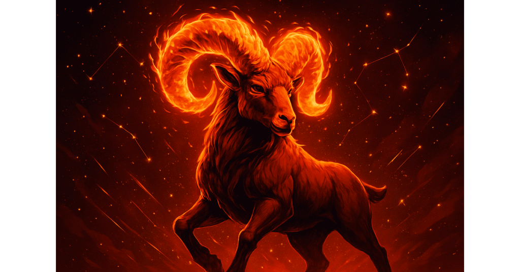 A bold, dynamic astrology-themed illustration representing the zodiac sign Aries