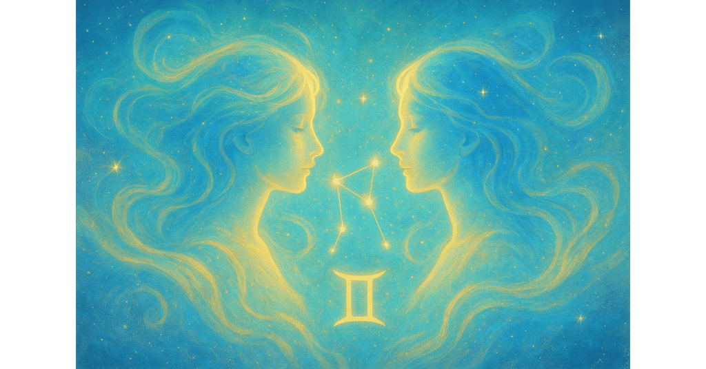 A vibrant, dual-themed astrology illustration representing the zodiac sign Gemini. Feature twin figures or mirrored silhouettes glowing with airy, celestial energy. Surround them with swirling light, stars, and the Gemini constellation | www.astroha.com
