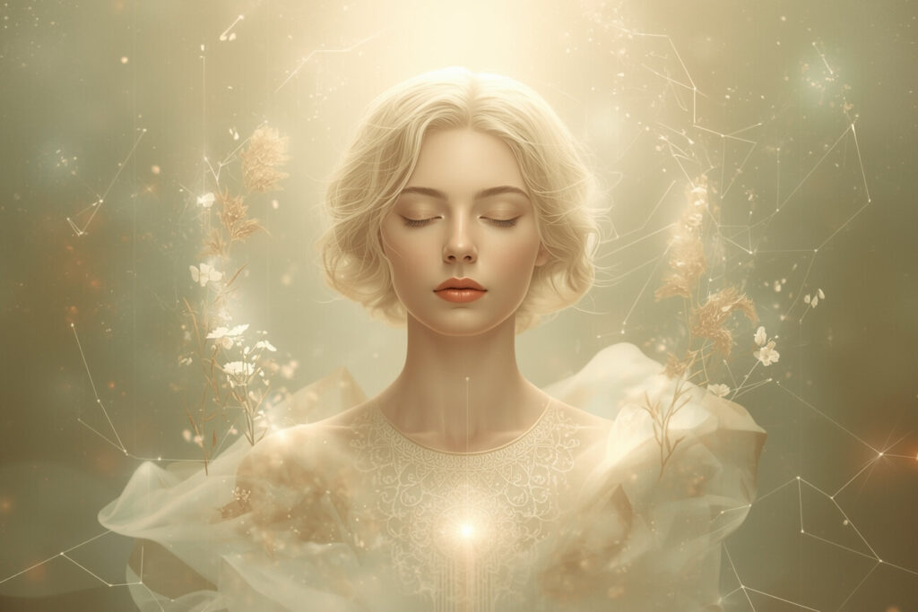 A calm, elegant digital artwork representing the Virgo zodiac sign. Show a serene, wise-looking figure surrounded by soft golden-white light, with delicate botanical elements, leaves, wheat, or blooming flowers, gently swirling around them to symbolize clarity, growth, and precision
