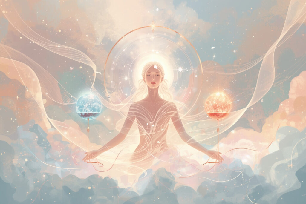 A dreamy, cosmic digital illustration capturing the essence of Libra. Show a calm, radiant figure surrounded by flowing ribbons of light that form a subtle, symmetrical arc around them.