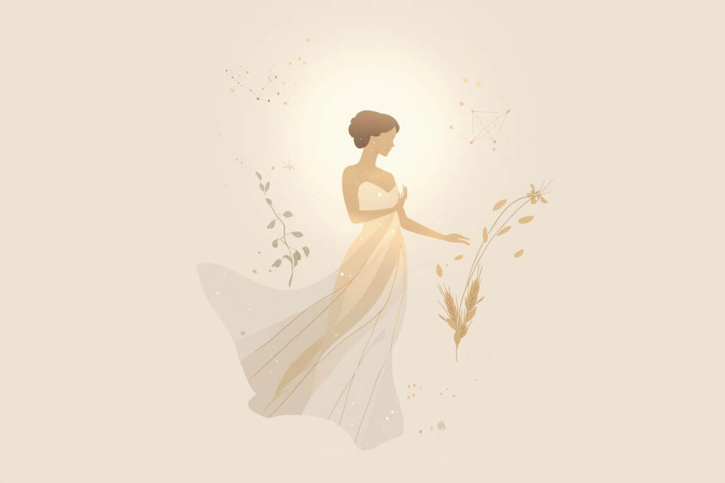 A minimalist yet mystical digital illustration inspired by the Virgo zodiac. Feature a graceful figure softly illuminated by a gentle halo of pearlescent light, surrounded by floating botanical symbols like delicate vines, herbs, and wheat strands, representing Virgo’s purity, wisdom, and attention to detail