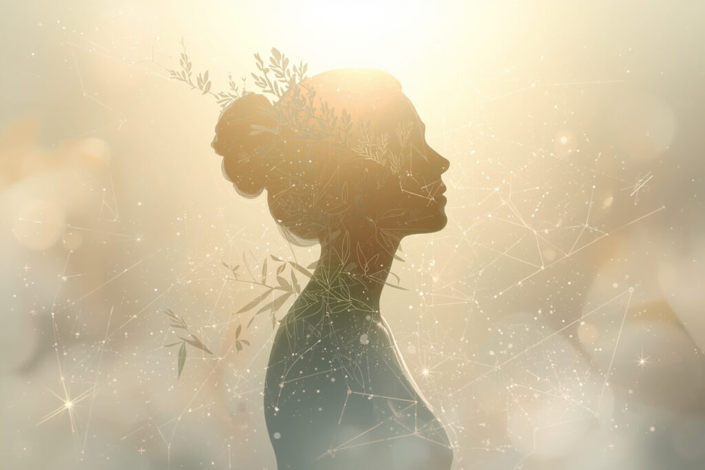 A serene, ethereal digital artwork embodying the Virgo zodiac. Portray a tranquil figure bathed in gentle morning light, their silhouette interwoven with delicate floral patterns, herbal motifs, and softly glowing wisps that symbolize healing, purity, and meticulous insight.
