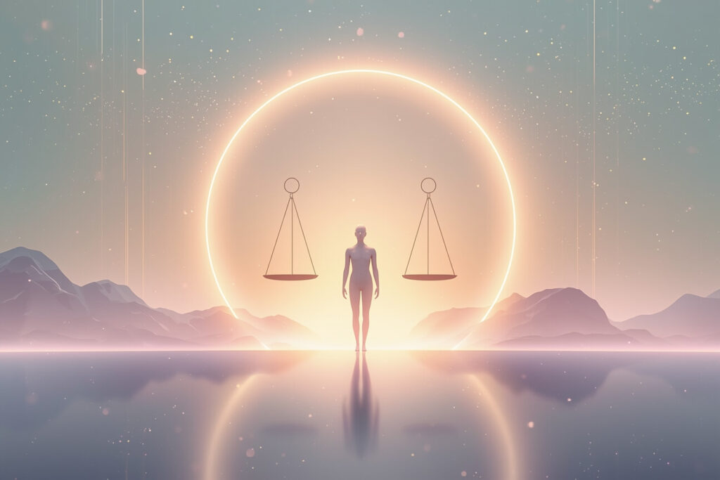 A sleek, contemporary digital artwork symbolizing the Libra zodiac.