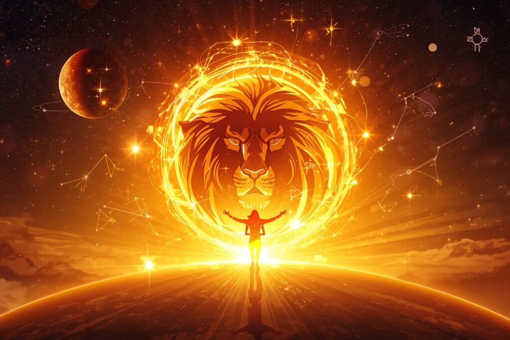 Leo Sign: 7 Secrets to Master Your Inner Lion's Roar 2 A vibrant, celestial digital artwork capturing the essence of Leo. Feature a powerful figure emerging from a glowing horizon of golden light, with dynamic fire-like energy swirling around them in the shape of a stylized lion’s roar