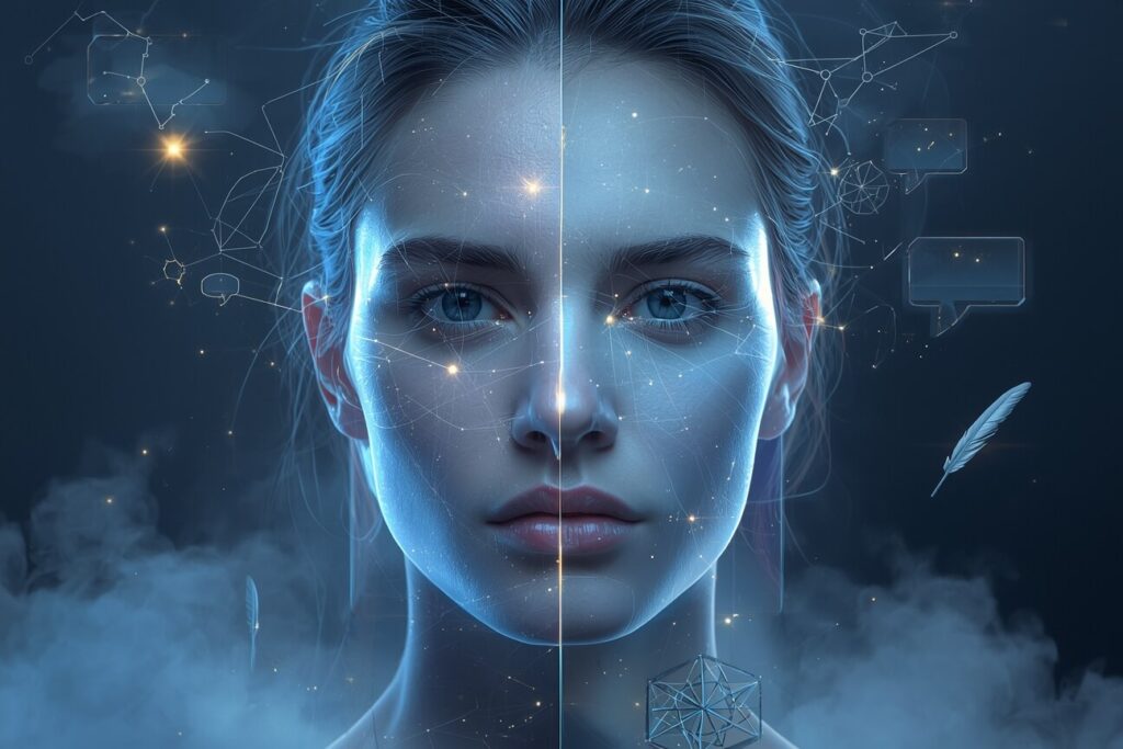 Surreal portrait of a person whose face is split into two overlapping layers made of translucent glass. www.astroha.com