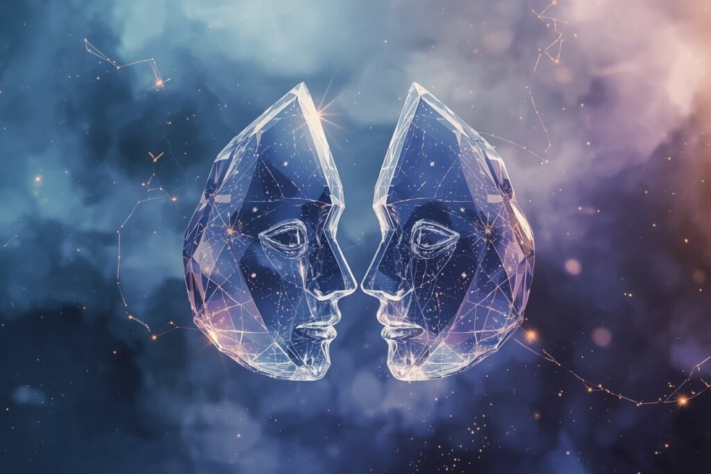 Surreal twin crystalline structures floating in space, shaped like mirrored abstract forms that resemble twin flames or twin masks, made of translucent glass and glowing from within. | www.astroha.com