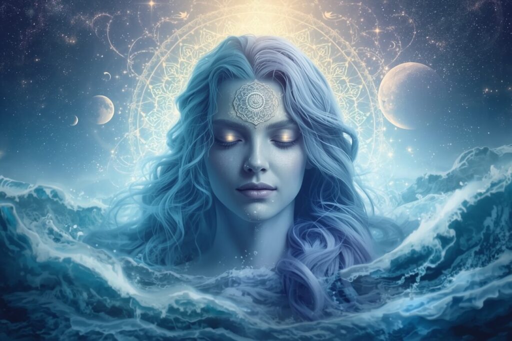 A mystical Pisces figure emerging from luminous ocean waves, half-human and half-ethereal